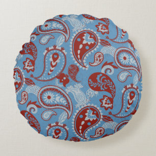 Traditionell Paisley Linocut Rött vitt blått Rund Kudde