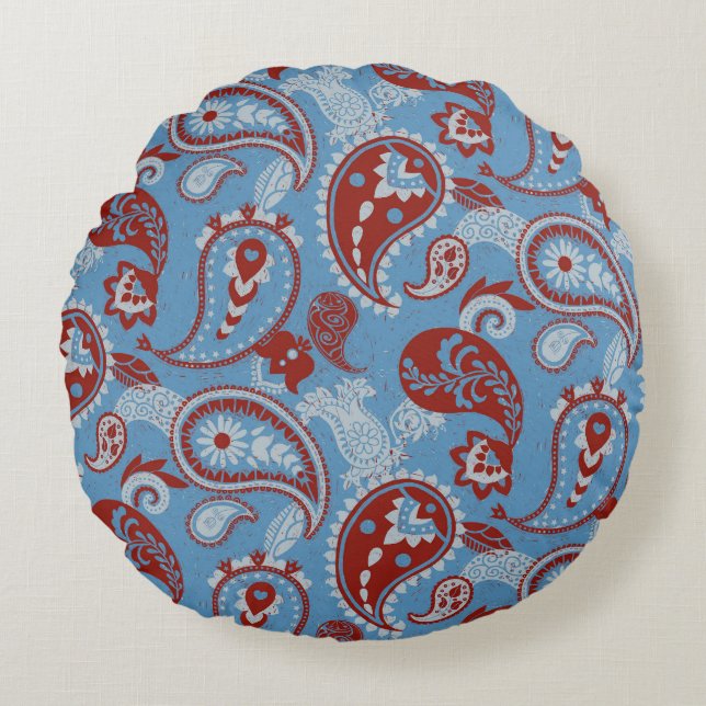 Traditionell Paisley Linocut Rött vitt blått Rund Kudde (Framsidan)