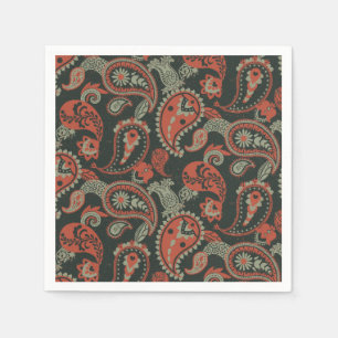 Traditionell Paisley Linocut Warm Orange Mint-Grön Pappersservett