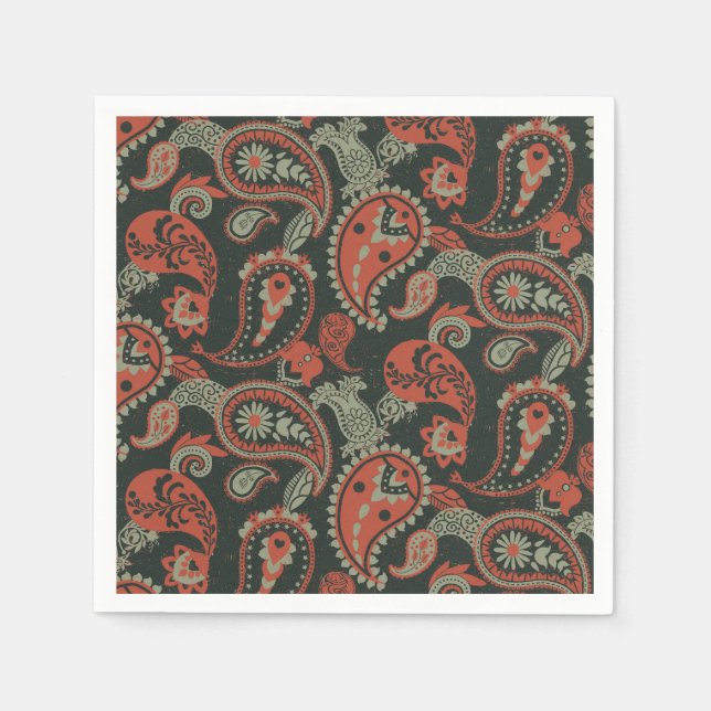 Traditionell Paisley Linocut Warm Orange Mint-Grön Pappersservett (Framsidan)