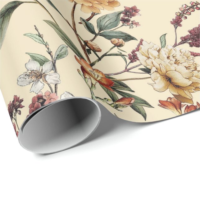 Traditionell Pion Vintage Botaniskt Mönster Presentpapper (Rullad Hörn)