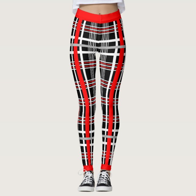 Traditionell Plaid - Röd Vit Svart Leggings (Framsida)