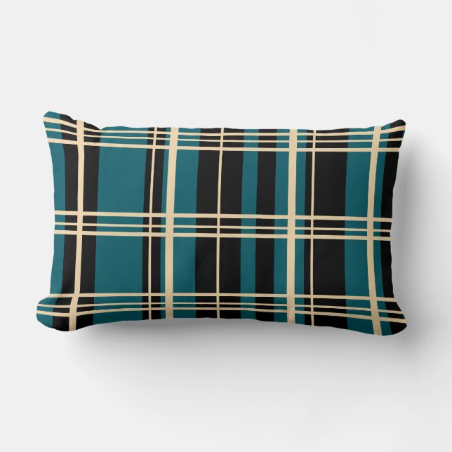 Traditionell Plaid Svart, Smör Krem, Mörk Teal   Lumbarkudde (Framsida)