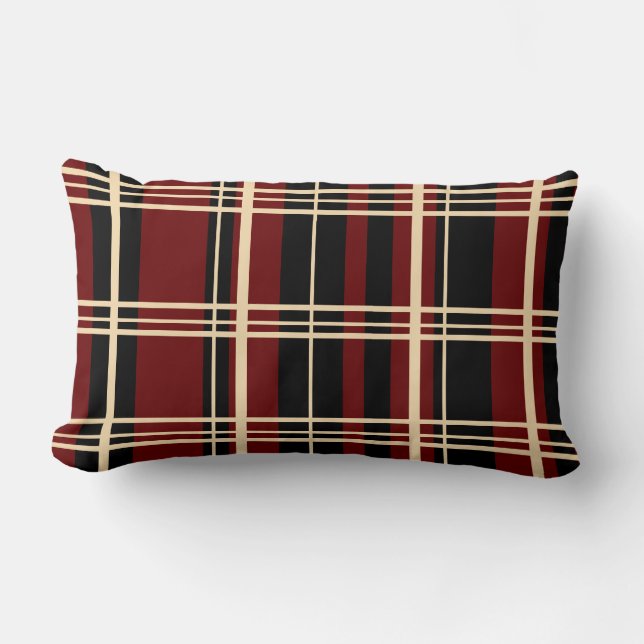Traditionell Plaid Svart, Smör Krem, Mörkröd Lumbarkudde (Framsida)