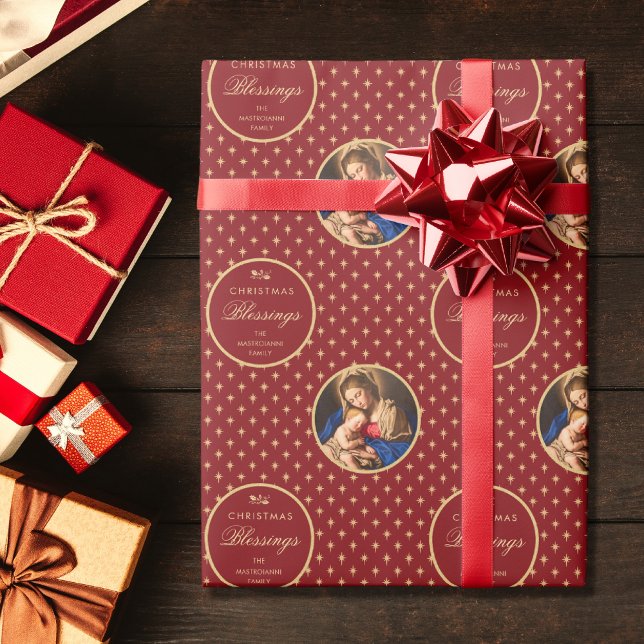 Traditionell Religiösa Madonna och barnjul Presentpapper (Religious Christmas gift wrap with Madonna and Child in red and gold for Catholics)