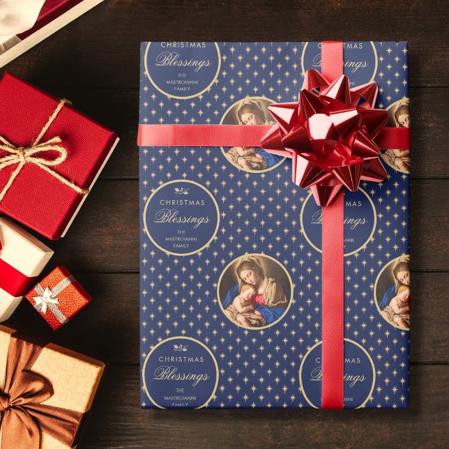 Traditionell Religiösa Madonna och barnjul Presentpapper (Religious Christmas gift wrap with Madonna and Child in navy blue and gold for Catholics)