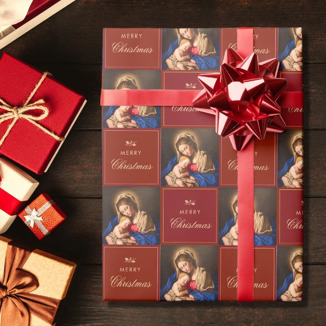 Traditionell Religiösa Madonna och barnkatolsk Presentpapper (Religious Christmas gift wrap with Madonna and Child in red and gold for Catholics)
