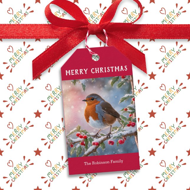 Traditionell Robin Cute Watercolor God jul Presentetikett (A personalized Christmas gift tag with Robin redbreast picture. Festive, traditional and cute)