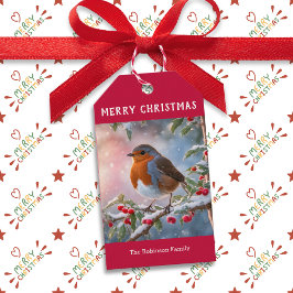Traditionell Robin Söt Vattenfärg God Jul Presentetikett