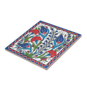 Traditionell röd blå blomster- turkisk osmanska Iz Kakelplatta