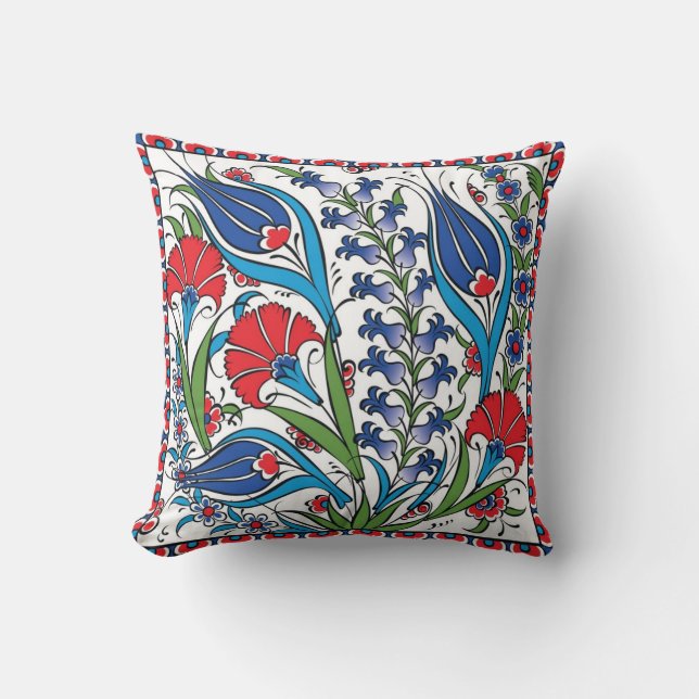 Traditionell röd blå blomster- turkisk ottoman Izn Kudde (Framsida)