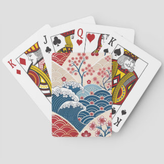 Traditionell röd-blå japansk våg Sakura-mönster Casinokort