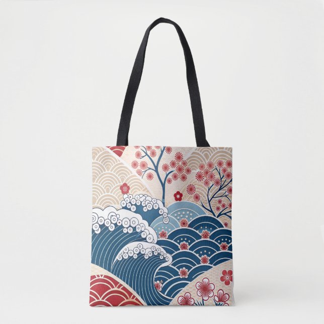 Traditionell röd blå japansk våg Sakura-mönster Tygkasse (Framsida)