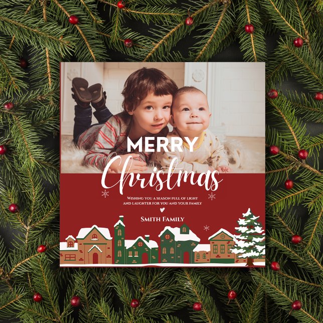Traditionell röd julskräddarsydd semesterfoto (Traditional Red Christmas Custom Holiday Photo Cards)