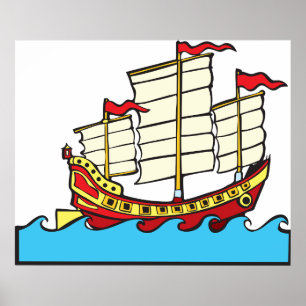Traditionell röd kinesisk djunk på blå vågor poster