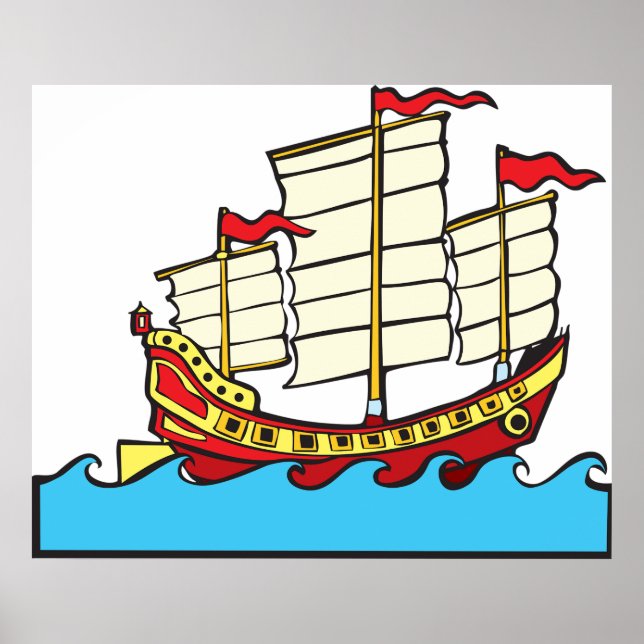 Traditionell röd kinesisk djunk på blå vågor poster (Framsidan)