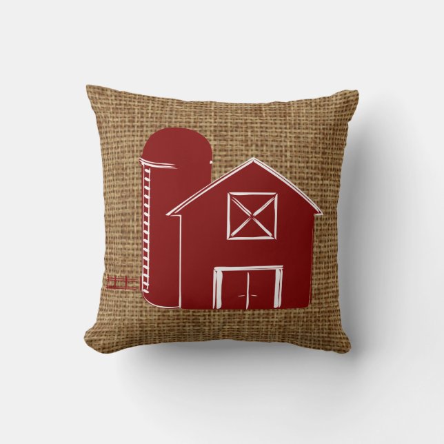 Traditionell röd ladugård med siloen på fauxburlap kudde (Framsida)