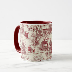 Traditionell röd tomte på krämfärgad Toile De Jouy Mugg