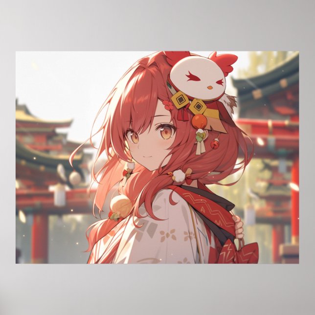 Traditionell rödhårig animerad tjej i tempel poster (Framsidan)
