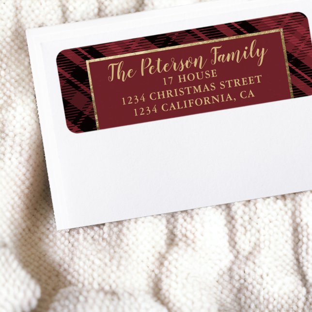 Traditionell Rustic Red och Guld Play-jul Returadress Etikett (Traditional Rustic Red and Gold Plaid Christmas Label)