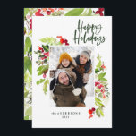 Traditionell rustik 1-bild för julgranar julkort<br><div class="desc">Lycklig helgdag dagens 1-fotokort för jul-helgdag. Vackert rött och grönt vattenfärg målat löv och modern manusext. En del av en samling.</div>