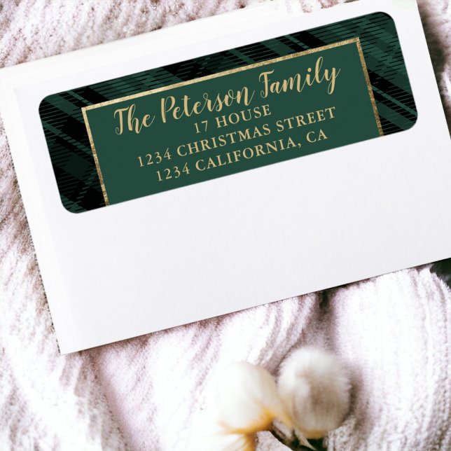 Traditionell rustisk Grönt och Guld Play-jul Returadress Etikett (Traditional Rustic Green and Gold Plaid Christmas Label)