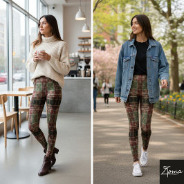 Traditionell rutmönster i burgunderrött och grönt leggings