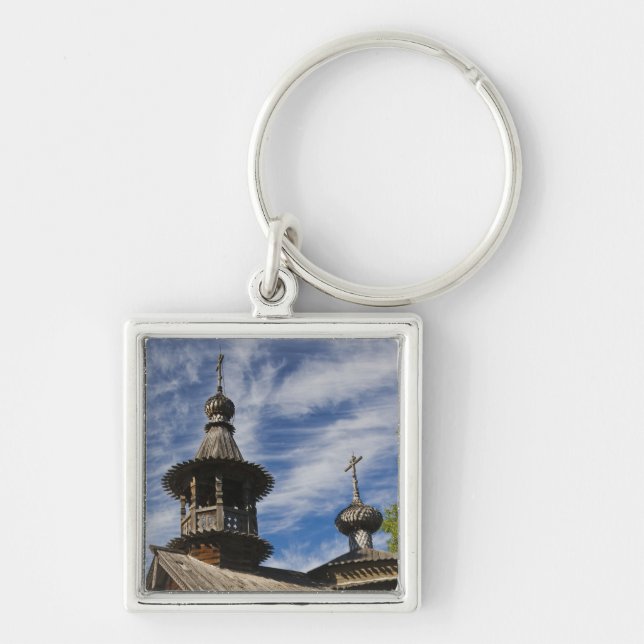 Traditionell rysk ortodox träkyrka fyrkantig silverfärgad nyckelring (Framsidan)