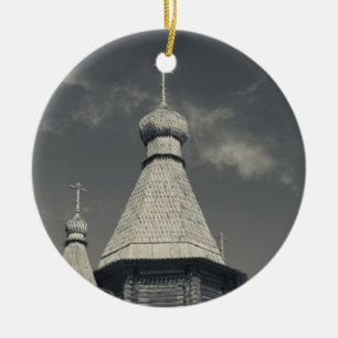 Traditionell rysk ortodox träkyrka julgransprydnad keramik