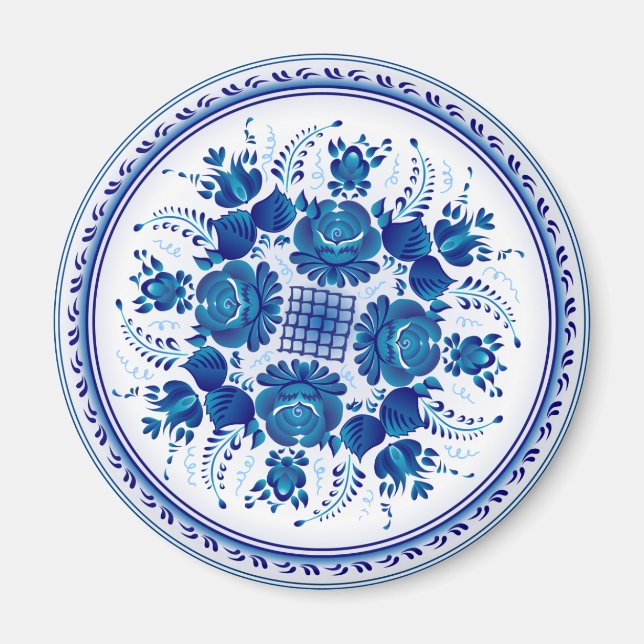 Traditionell rysk prydnad i Gzhel stil Magnet (Framsidan)