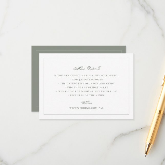 Traditionell Sagegrön bröllopswebbplats Tilläggskort (Fram/Back In Situ)