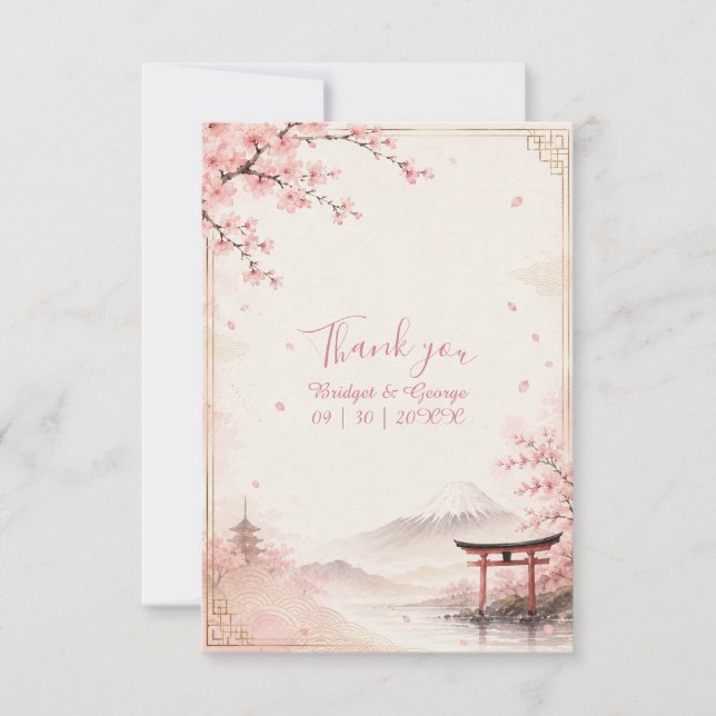 Traditionell Sakura Bröllop Mount Fuji Elegans Tack Kort (Framsida)