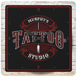 Traditionell Stil ADD NAMN Tattoo Studio Shop Fyrkantig Klocka