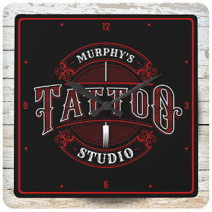 Traditionell Stil ADD NAMN Tattoo Studio Shop Fyrkantig Klocka