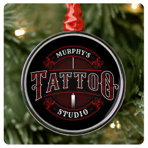 Traditionell Stil ADD NAMN Tattoo Studio Shop Julgransprydnad Metall