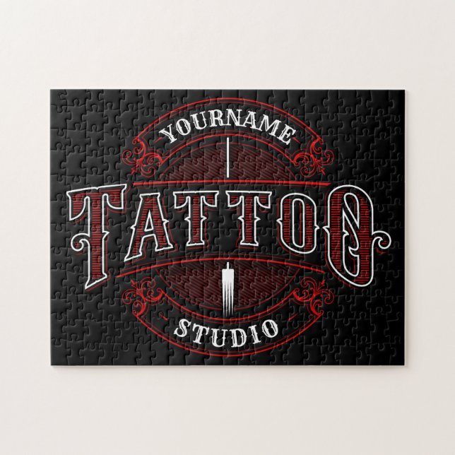 Traditionell Stil ADD NAMN Tattoo Studio Shop Pussel (Horisontell)