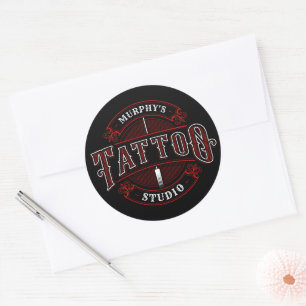 Traditionell Stil ADD NAMN Tattoo Studio Shop Runt Klistermärke