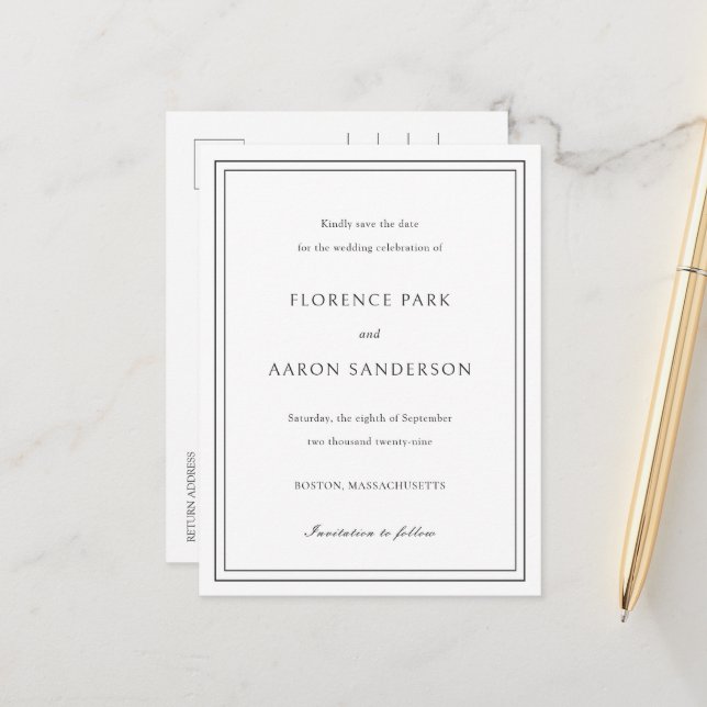 Traditionell svart-vit bröllopsinbjudan Save the D Meddelande Vykort (Fram/Back In Situ)