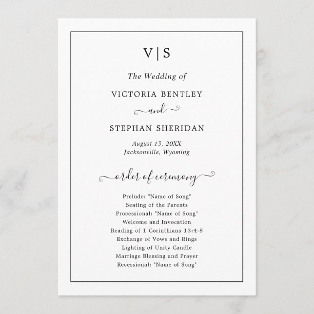 Traditionell svart-vit monogrambröllop program (Framsida)
