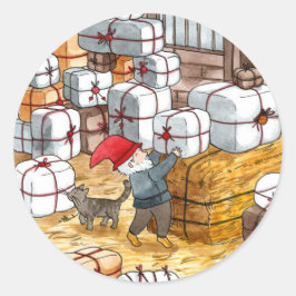 Traditionell Svenska Tomten Juli - vattenfärg Runt Klistermärke