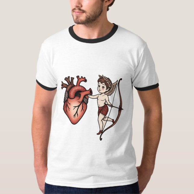 Traditionell Tattoo Heart och Cupid T-Shirt (Framsida)