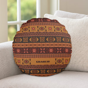 Traditionell Terrakotta Etnisk Tribal Boho Mönster Rund Kudde