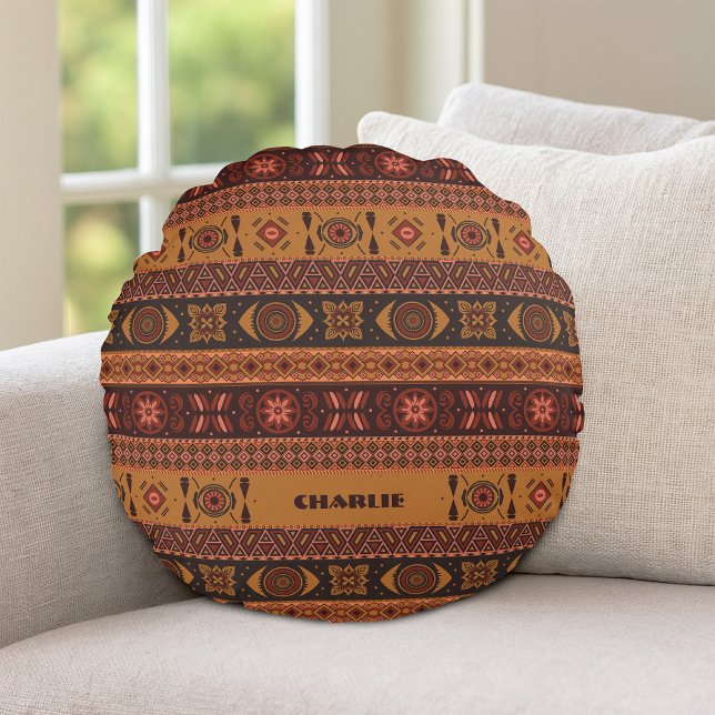 Traditionell Terrakotta Etnisk Tribal Boho Mönster Rund Kudde (Skapare uppladdad)