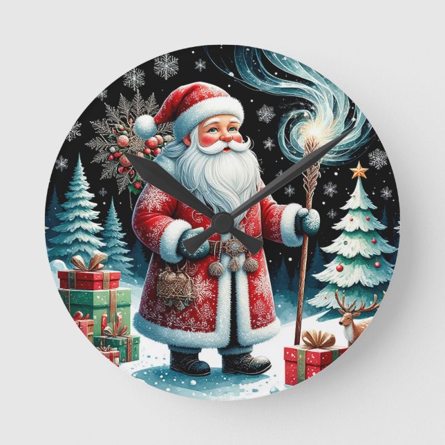 Traditionell Tomte i festlig vinterscen Rund Klocka (Framsida)