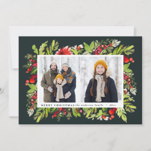 Traditionell vattenfärgad blommigt + bladfärgstris julkort