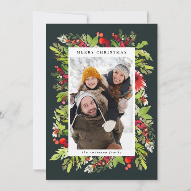Traditionell vattenfärgad blommigt + bladfärgstris julkort (Framsida)