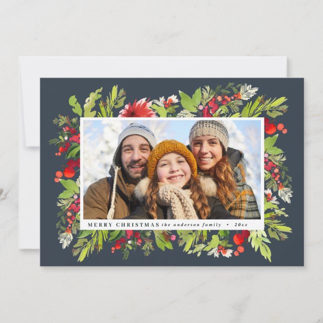 Traditionell vattenfärgad blommigt + bladfärgstris julkort (Framsida)