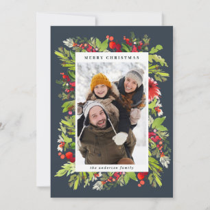 Traditionell vattenfärgad blommigt + bladfärgstris julkort