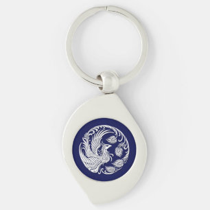 Traditionell vit Phoenix cirklar på blått Swirl Silverfärgad Nyckelring