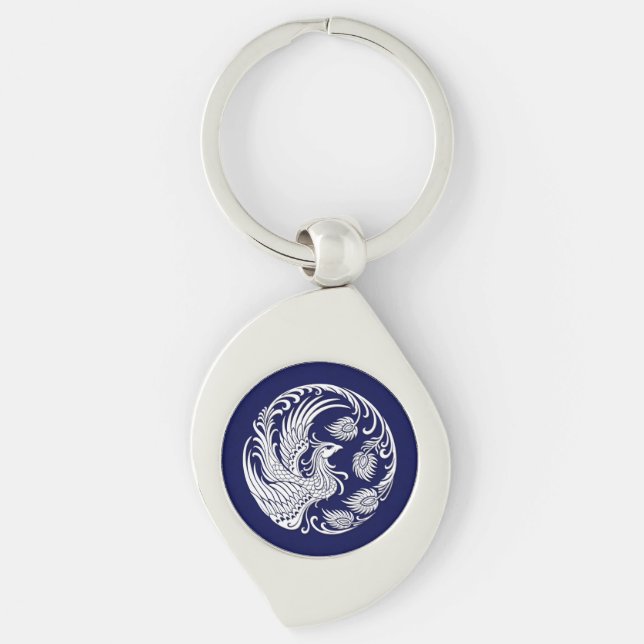 Traditionell vit Phoenix cirklar på blått Swirl Silverfärgad Nyckelring (Framsidan)